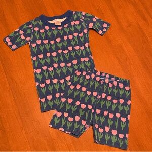 Hanna Andersson Size 4 Navy Pink Tulip Print Pajamas Short Sleeve Set Organic